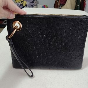 Black Ostrich-Texture Wristlet Clutch - Unbranded